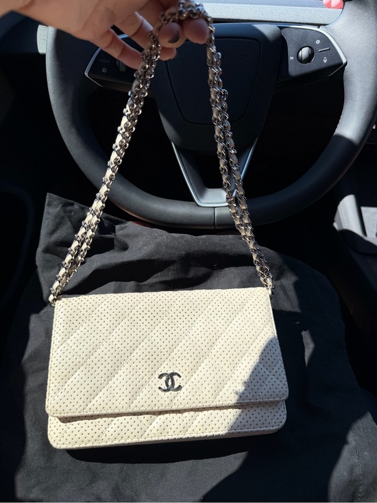 CHANEL Handbags - CHANEL White Perforated Quilted Leather Chain Flap Shoulder Bag